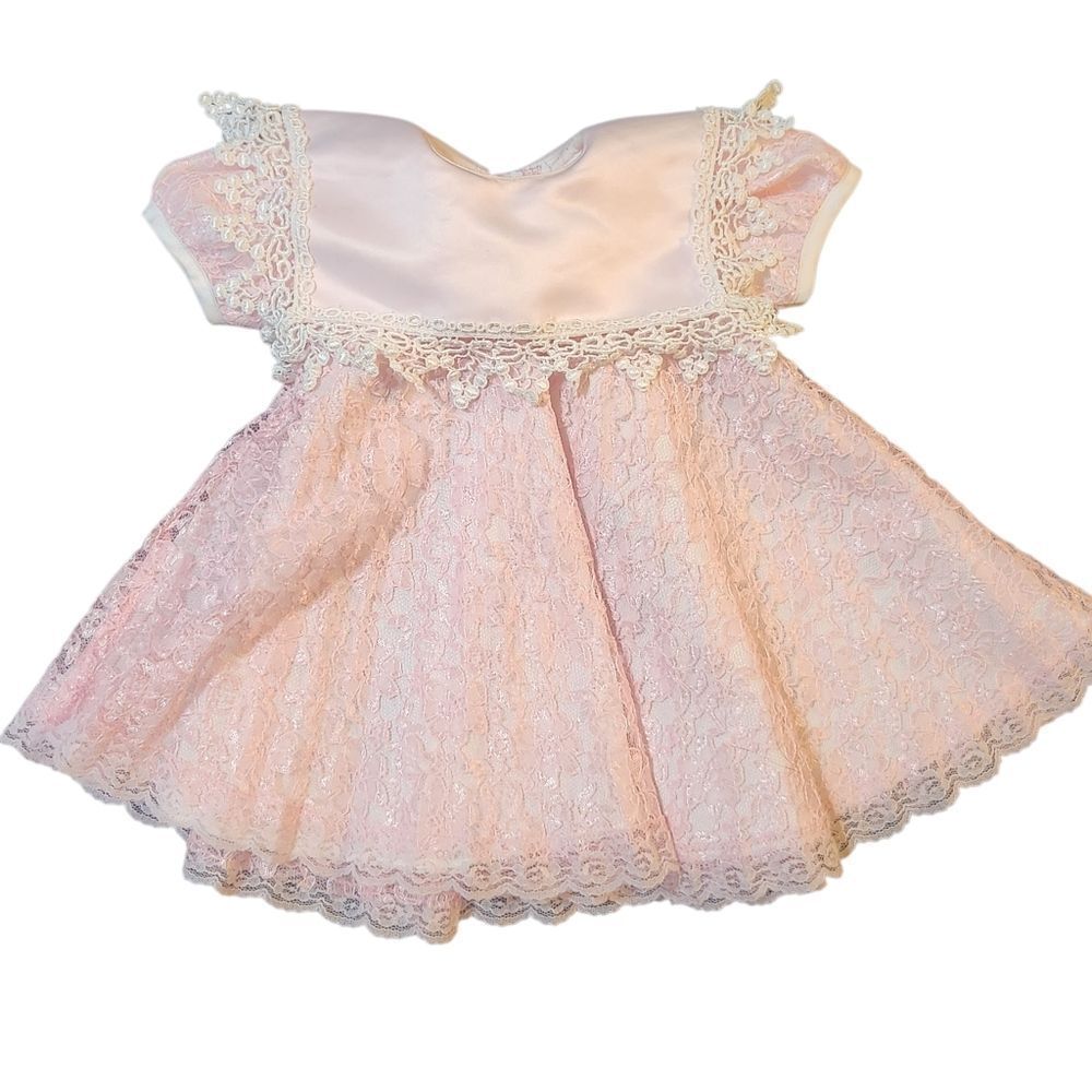 Vintage Toddler Dress Sweet Kids Size Small Pink Lace Square Collar USA 12 Mo ?
